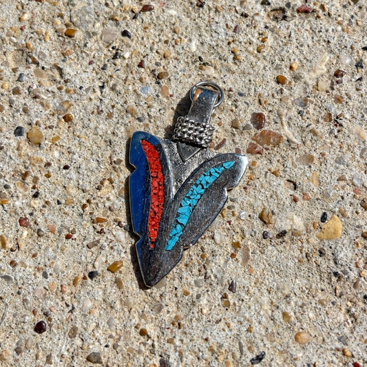 Turquoise & Coral Arrowhead Pendant